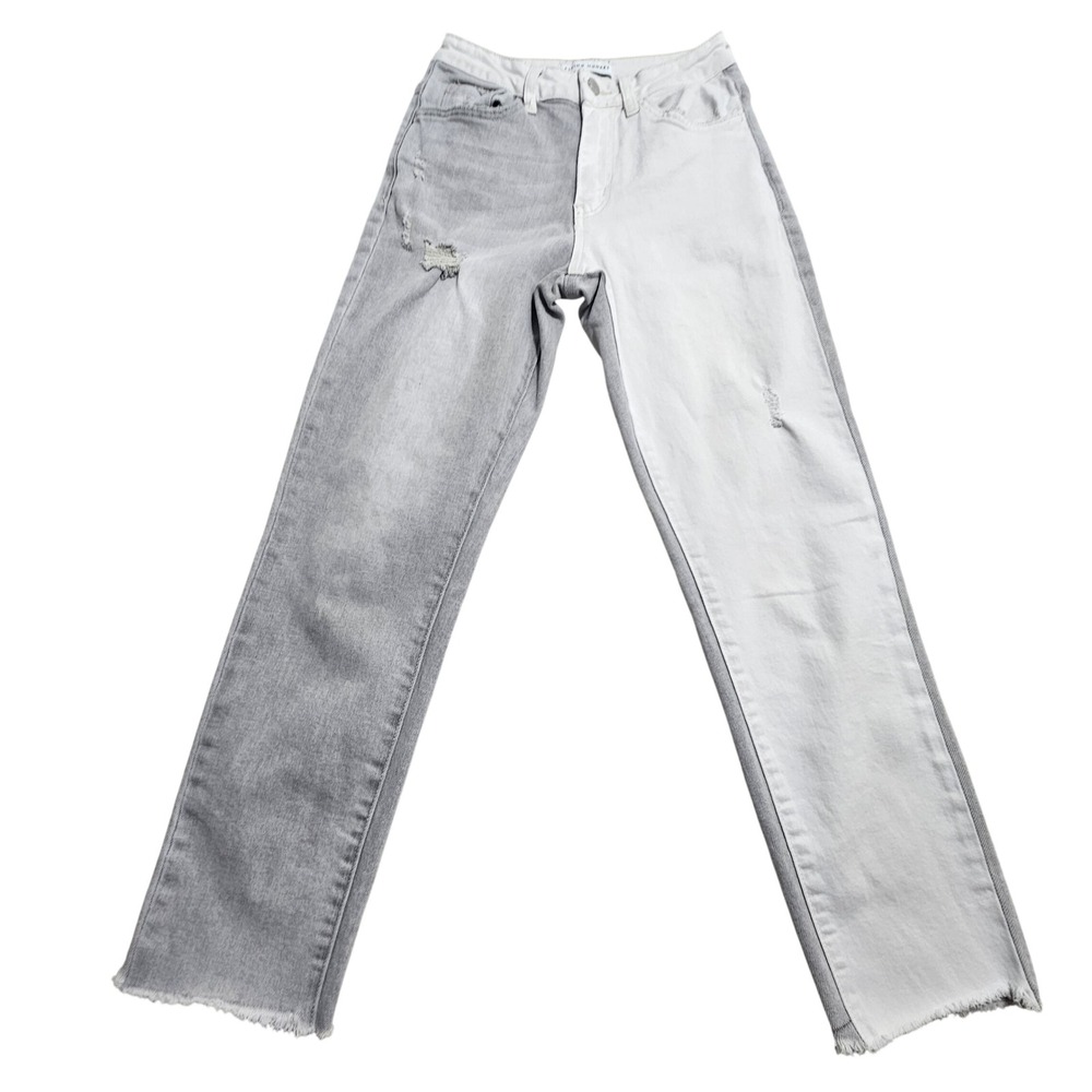 Flying Monkey Jeans Women 25 Grey White Two-Tone Distressed Raw Hem Straight Leg